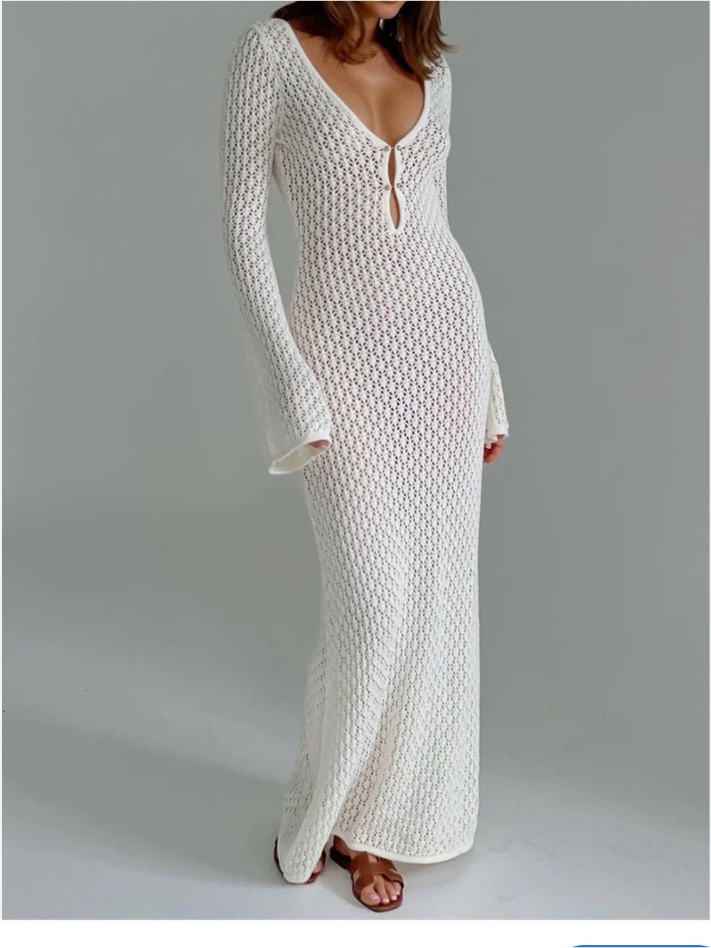 Commense White Crochet Knit Maxi Dress with Plunge Neck
